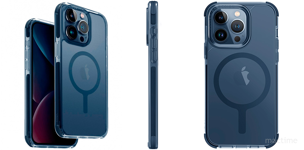 Стильный полупрозрачный чехол Uniq Combat AF (MagSafe) для iPhone 15 Pro Max с синими рамками